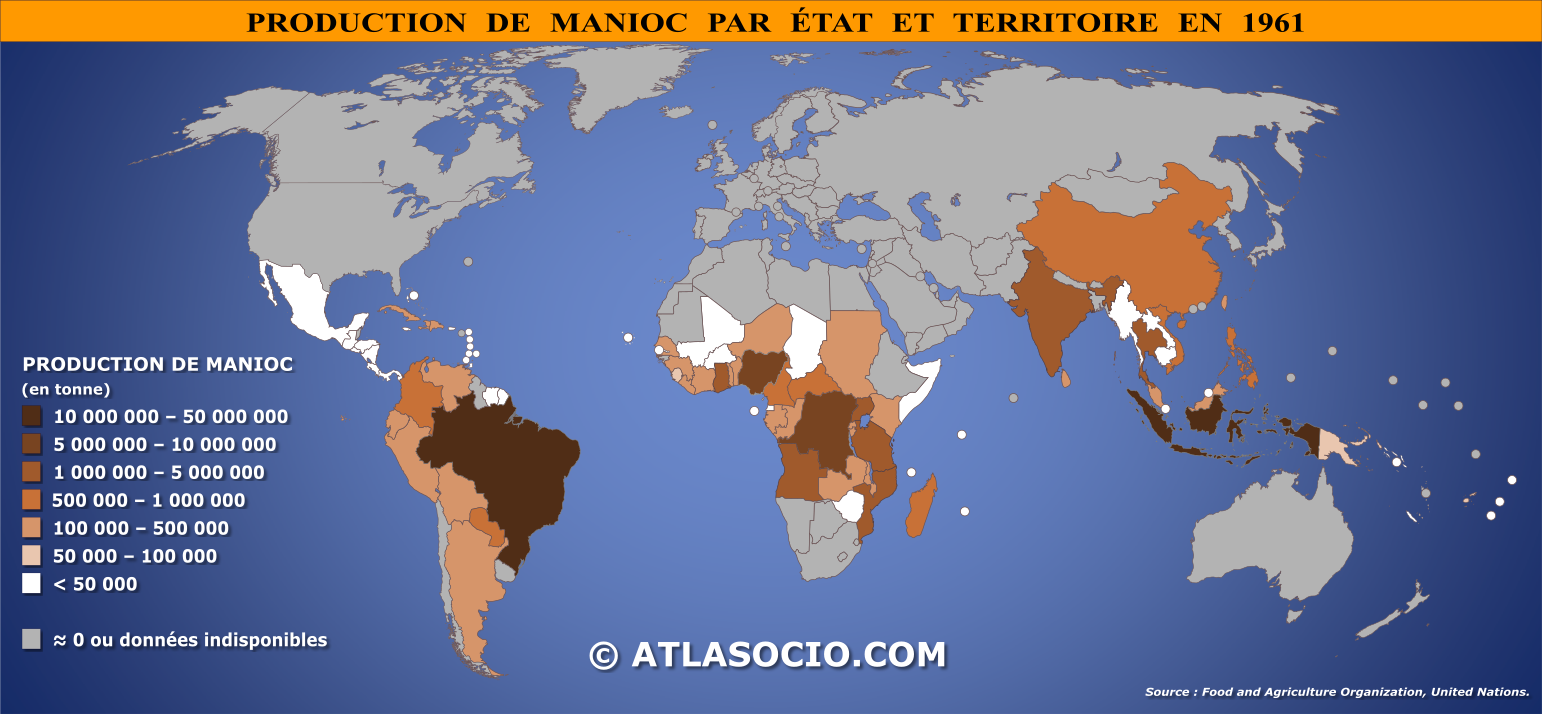 Carte du monde relative à la production de manioc par État en 1961