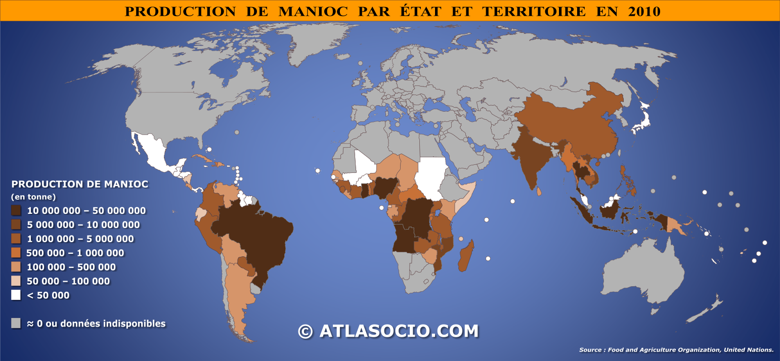 Carte du monde relative à la production de manioc par État en 2010
