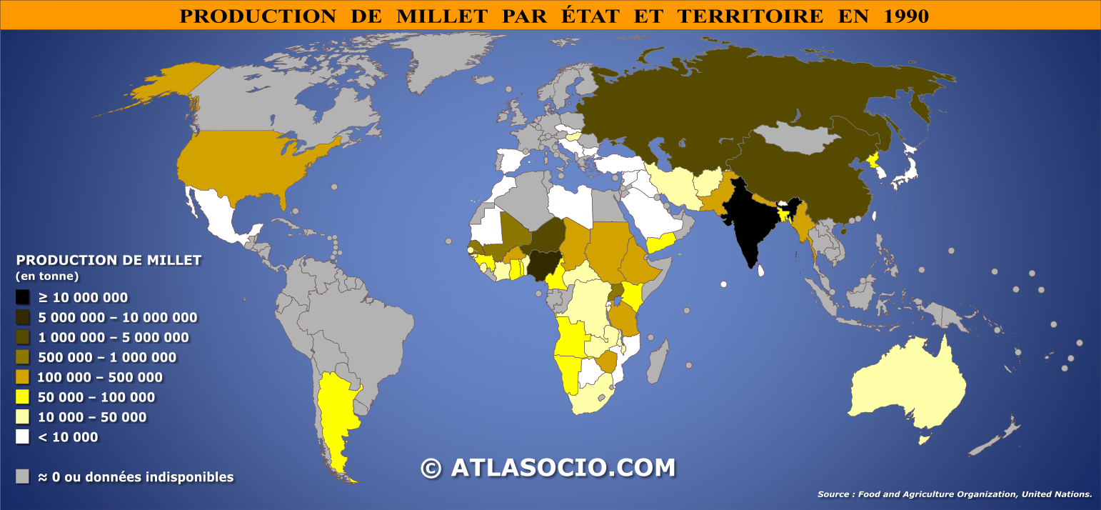 Carte du monde relative à la production de millet par État en 1990