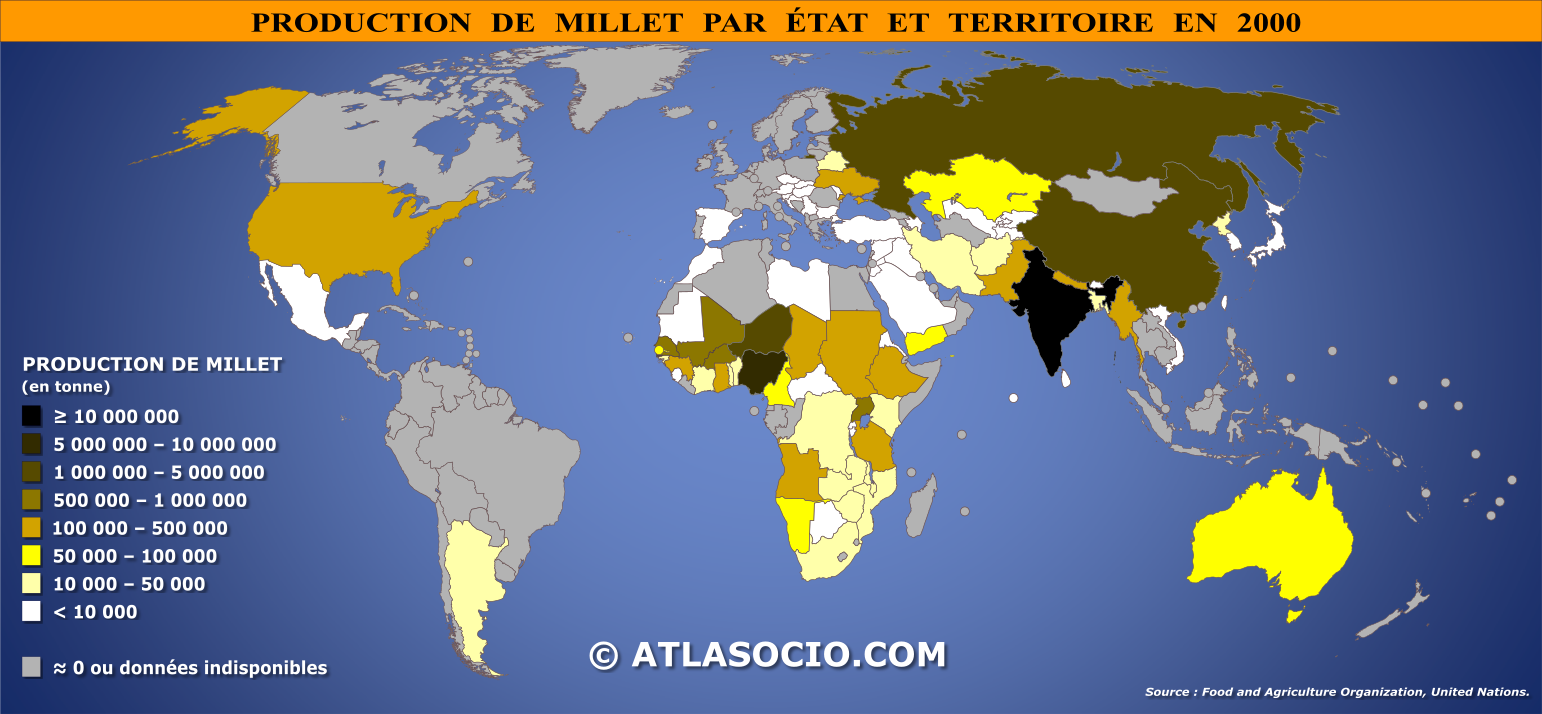 Carte du monde relative à la production de millet par État en 2000