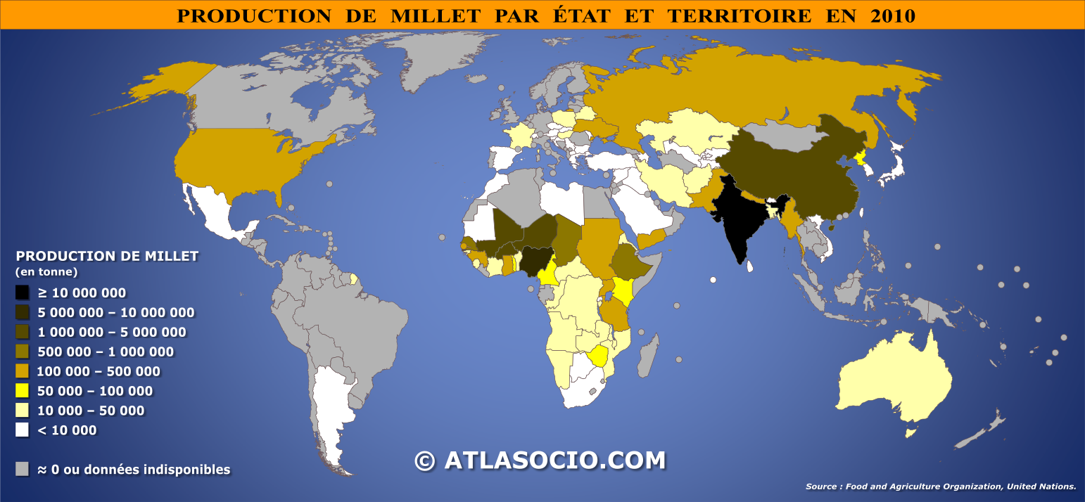 Carte du monde relative à la production de millet par État en 2010