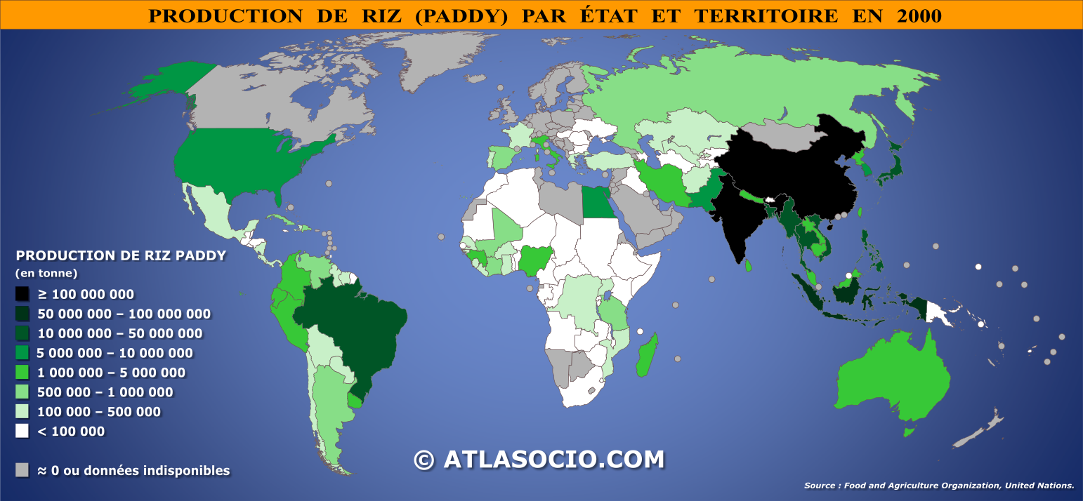 Carte du monde relative à la production de riz par État en 2000