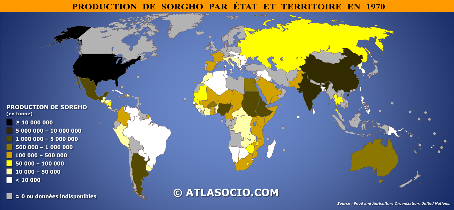 Carte du monde relative à la production de sorgho (ou sorgo commun) par État en 1970