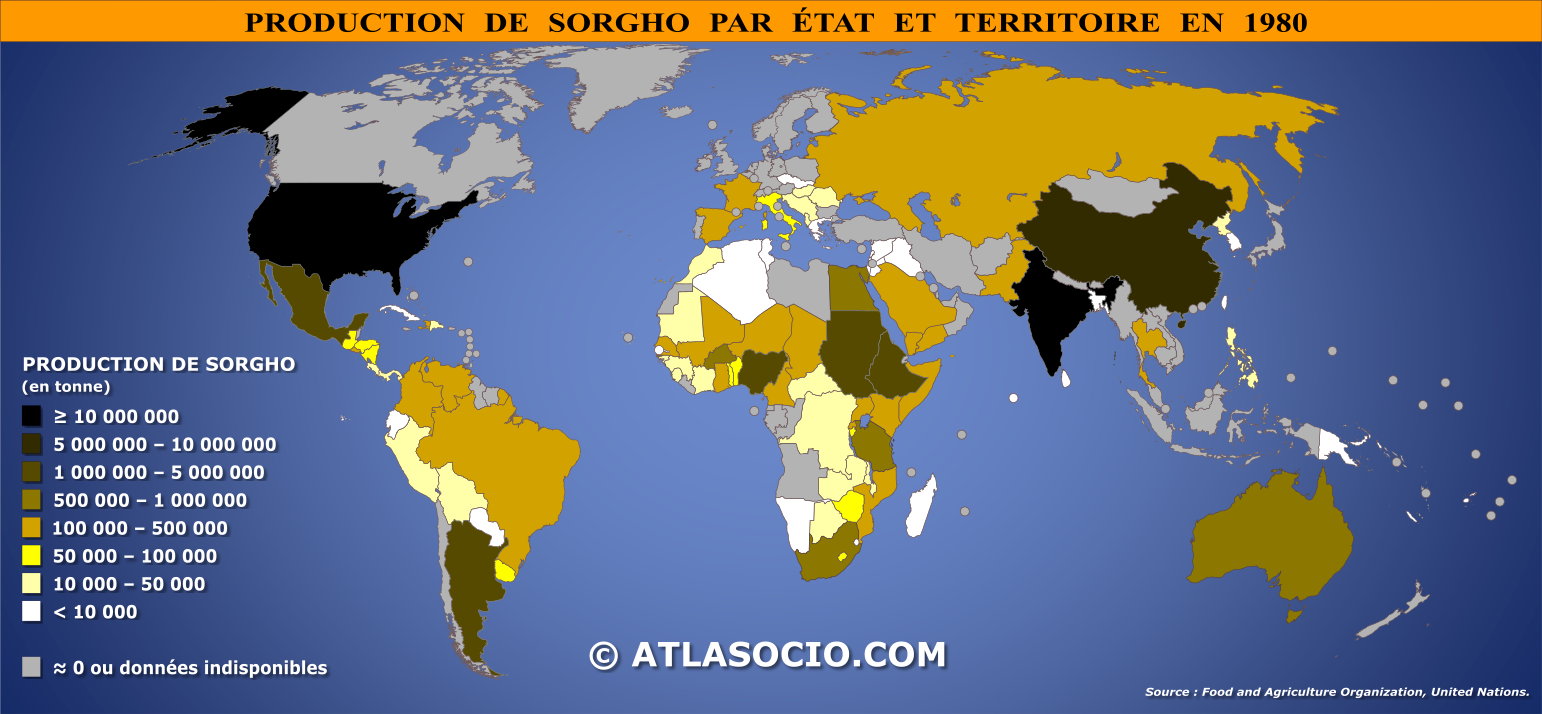 Carte du monde relative à la production de sorgho (ou sorgo commun) par État en 1980