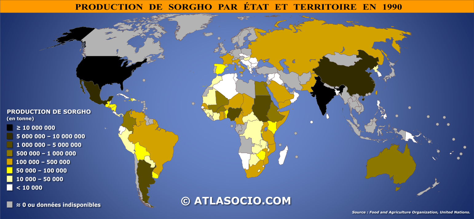 Carte du monde relative à la production de sorgho (ou sorgo commun) par État en 1990