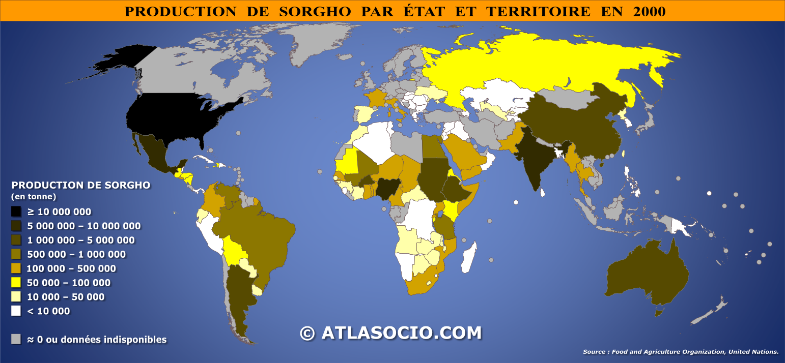 Carte du monde relative à la production de sorgho (ou sorgo commun) par État en 2000