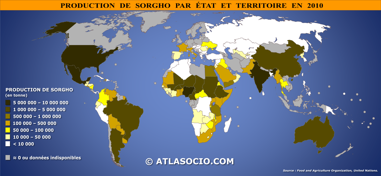 Carte du monde relative à la production de sorgho (ou sorgo commun) par État en 2010