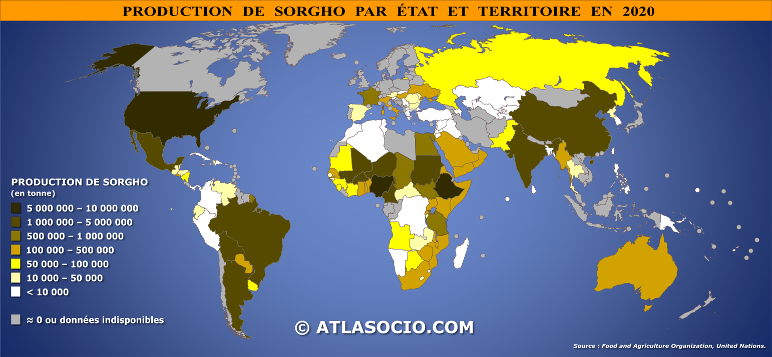 Carte du monde relative à la production de sorgho (ou sorgo commun) par État en 2020