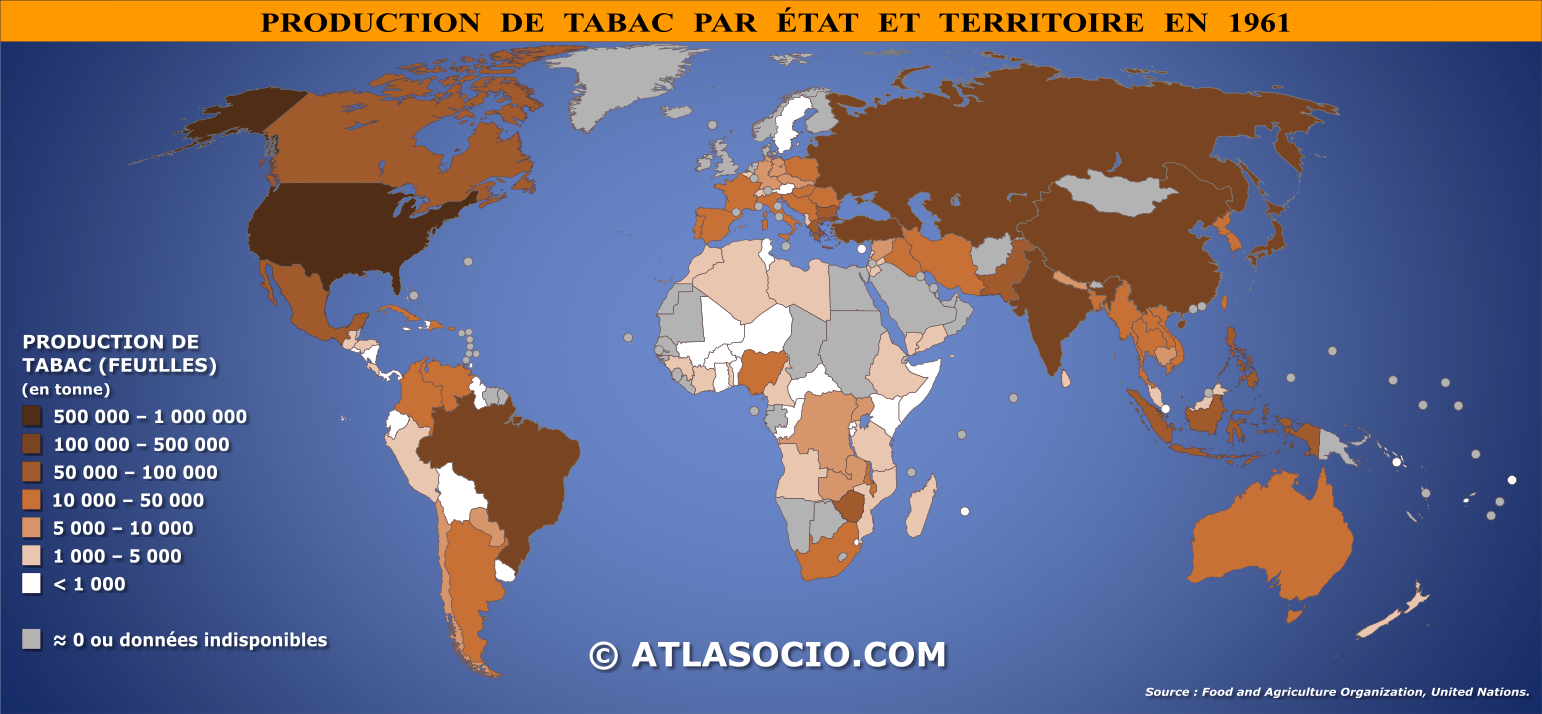 Carte du monde relative à la production de tabac (feuilles) par État en 1961