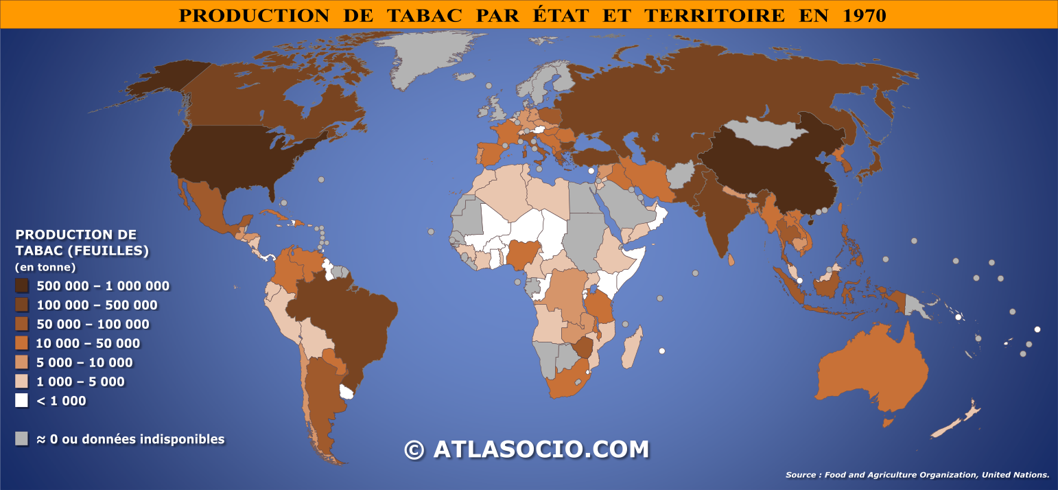 Carte du monde relative à la production de tabac (feuilles) par État en 1970