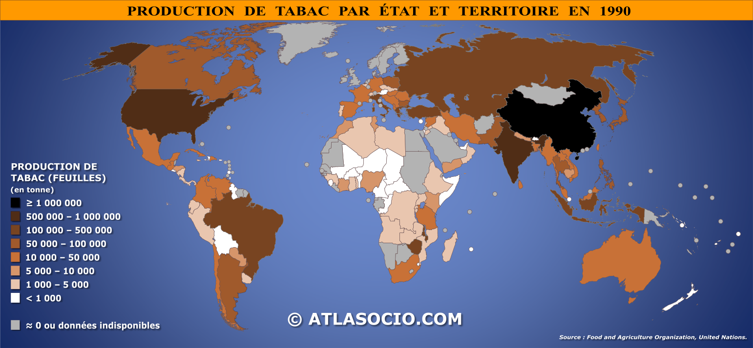 Carte du monde relative à la production de tabac (feuilles) par État en 1990