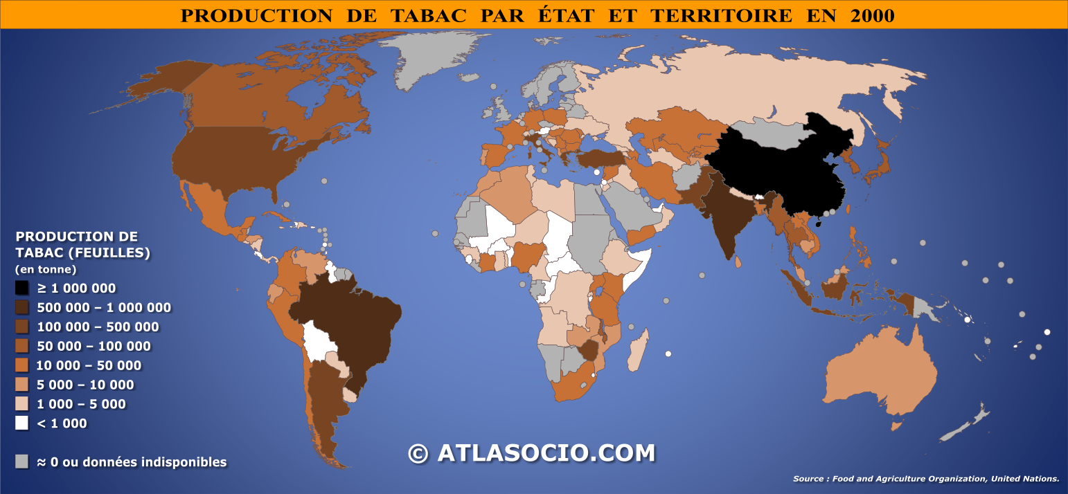 Carte du monde relative à la production de tabac (feuilles) par État en 2000