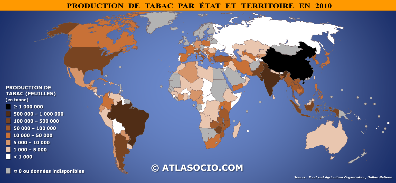Carte du monde relative à la production de tabac (feuilles) par État en 2010