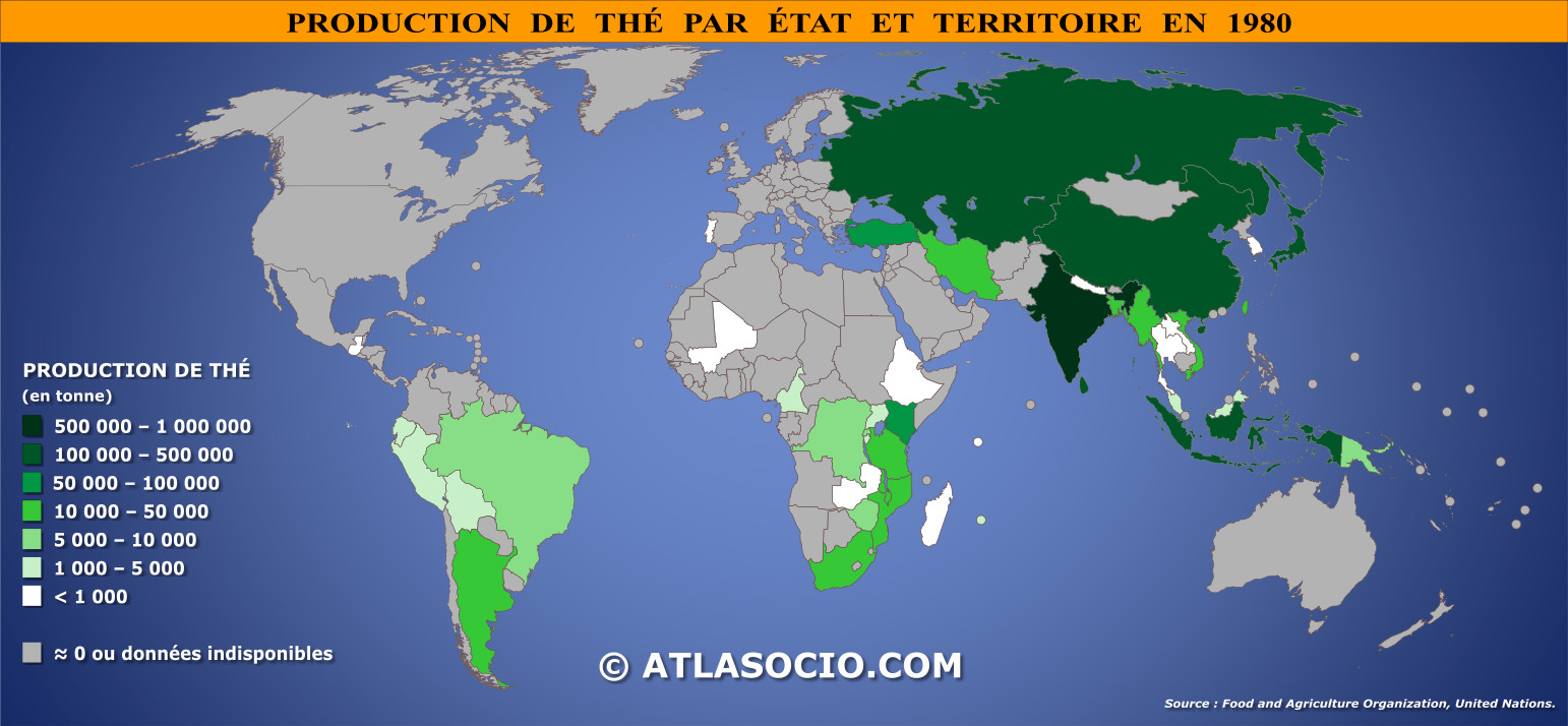 Carte du monde relative à la production de thé par État en 1980