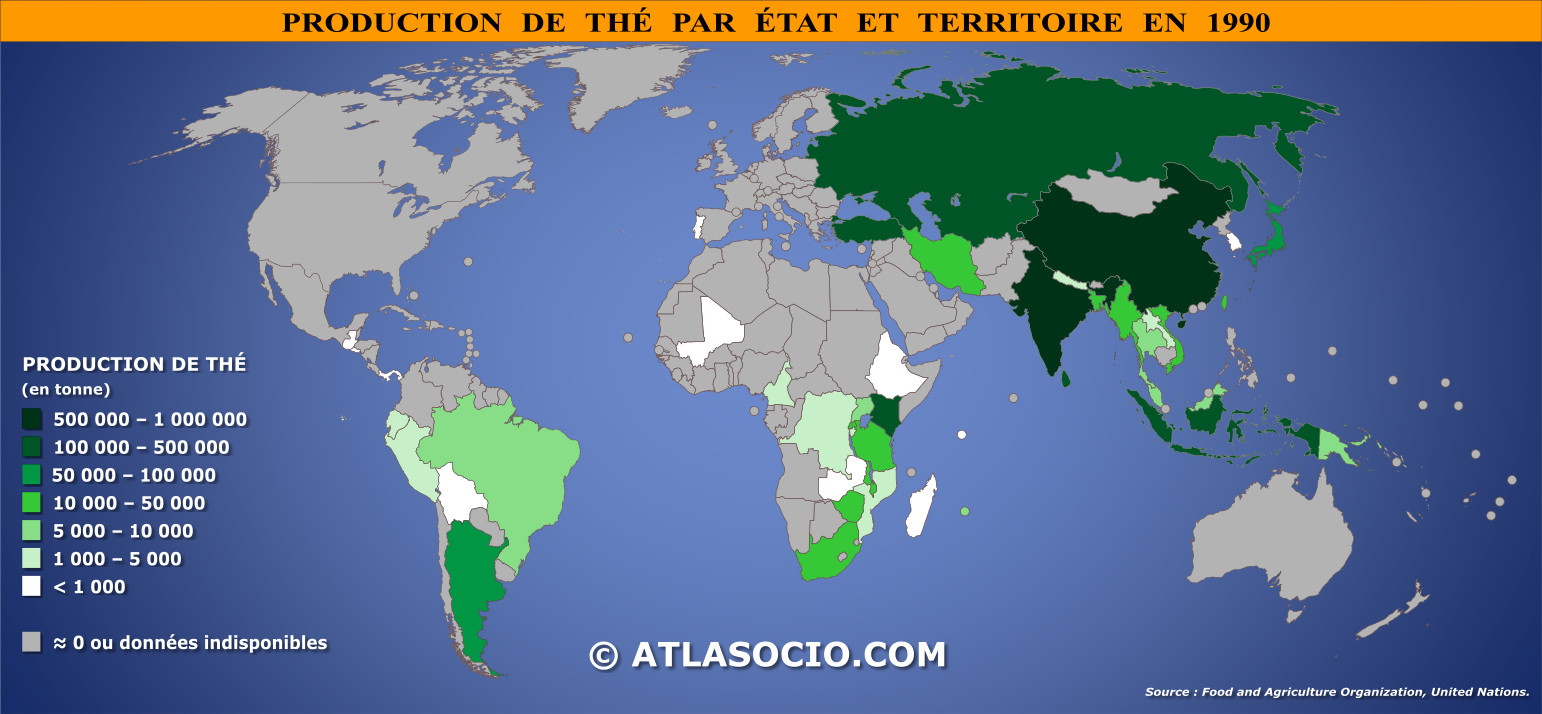 Carte du monde relative à la production de thé par État en 1990