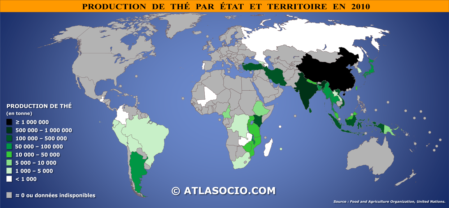 Carte du monde relative à la production de thé par État en 2010