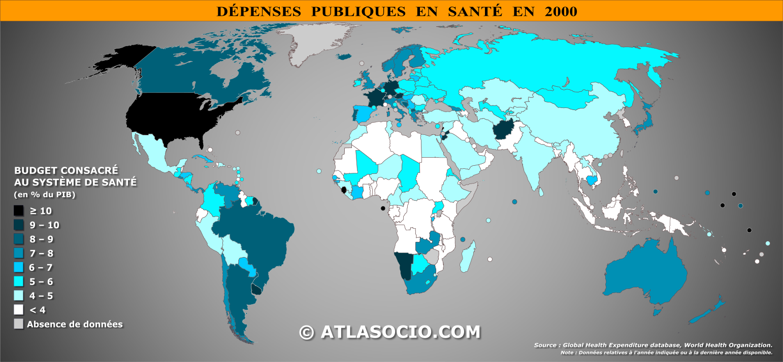 Carte du monde relative aux dépenses en santé (% du PIB) par État en 2000