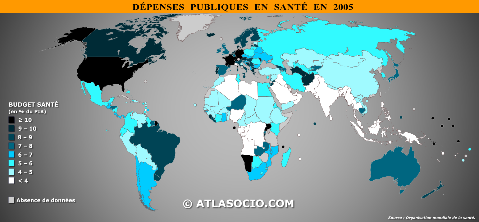 Carte du monde relative aux dépenses en santé (% du PIB) par État en 2005
