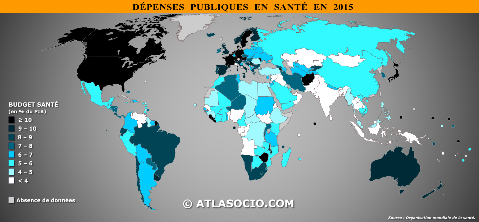 Carte du monde relative aux dépenses en santé (% du PIB) par État en 2015