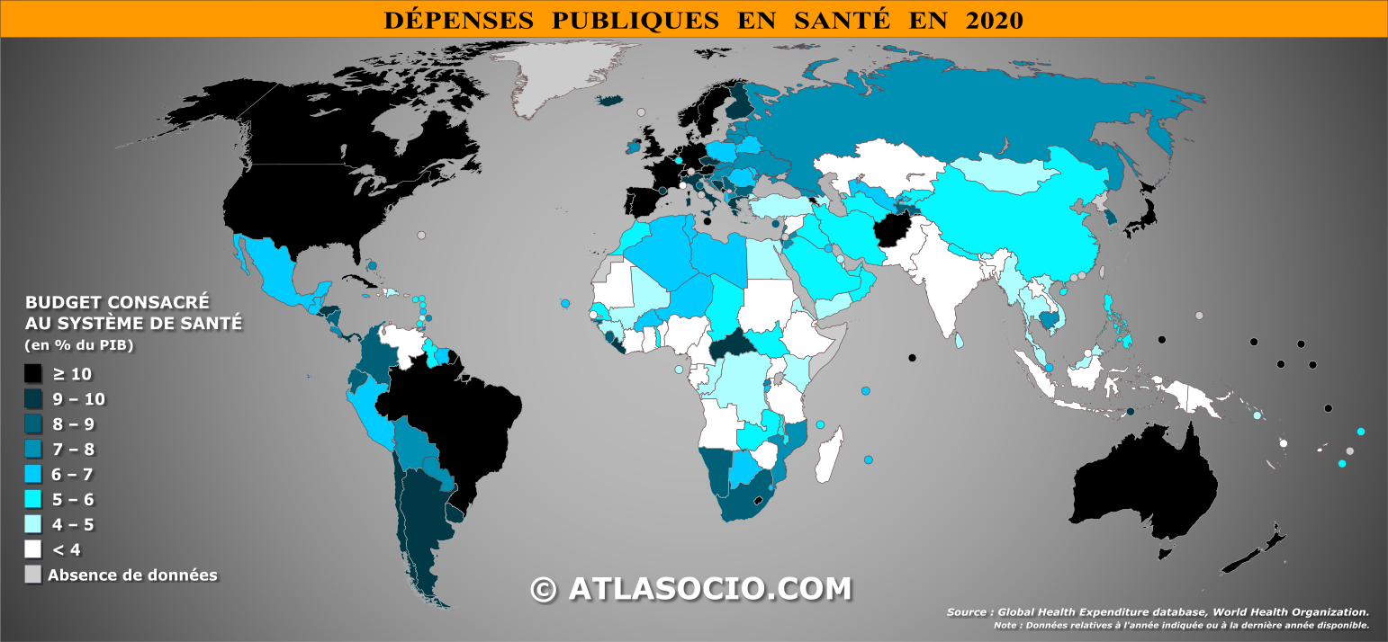 Carte du monde relative aux dépenses en santé (% du PIB) par État en 2020
