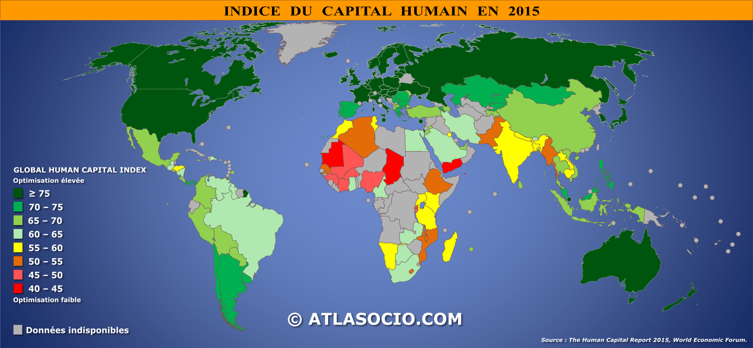 Carte du monde relative à l'indice du capital humain par État en 2015