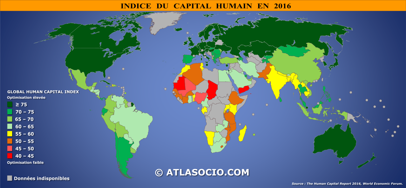 Carte du monde relative à l'indice du capital humain par État en 2016