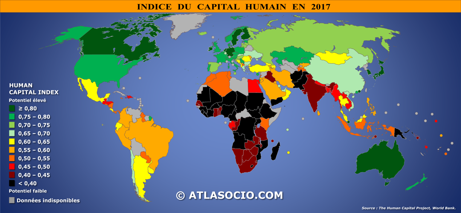 Carte du monde relative à l'indice du capital humain par État en 2017
