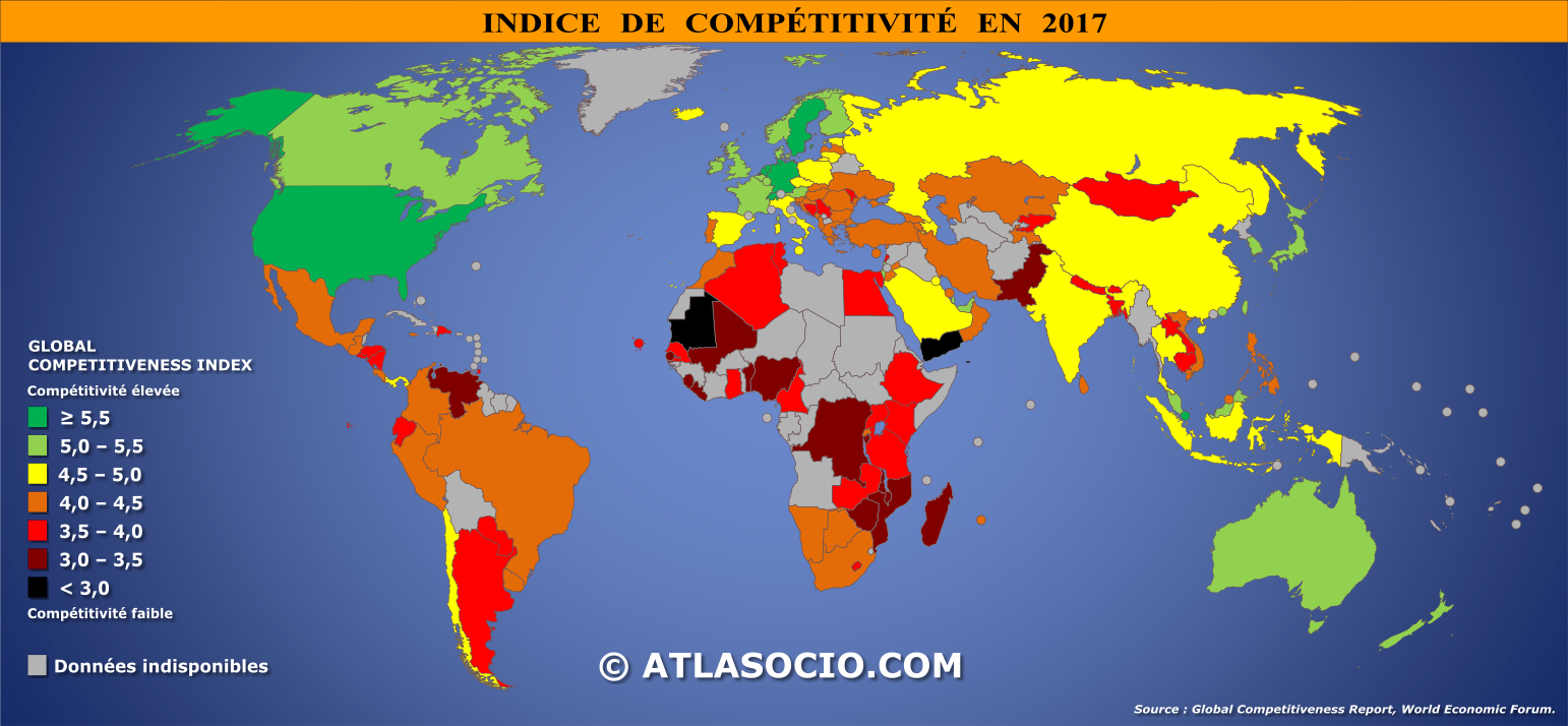 Carte du monde relative à l'indice de compétitivité par État en 2017