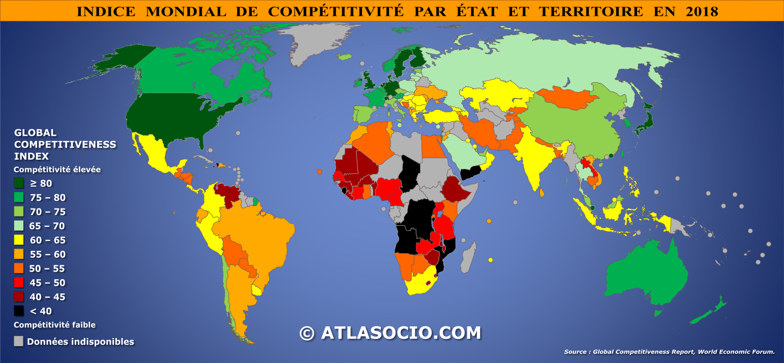 Carte du monde relative à l'indice de compétitivité par État en 2018