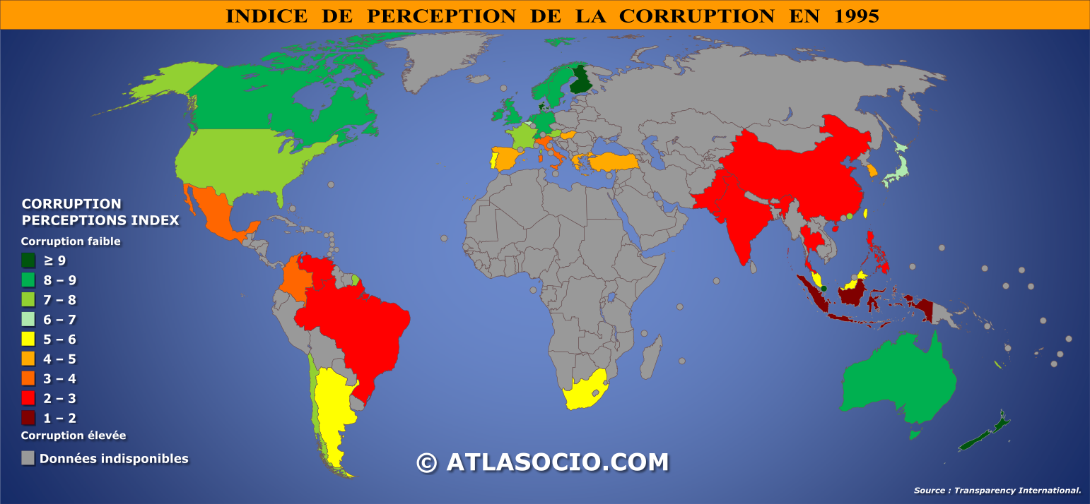 Carte du monde relative à l'indice de perception de la corruption par État en 1995