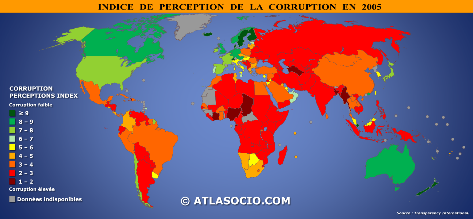 Carte du monde relative à l'indice de perception de la corruption par État en 2005