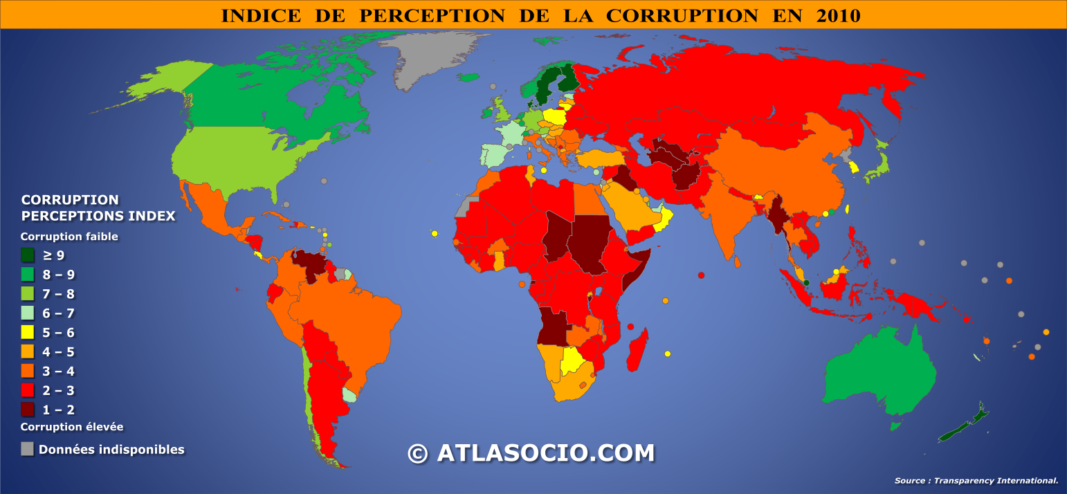 Carte du monde relative à l'indice de perception de la corruption par État en 2010