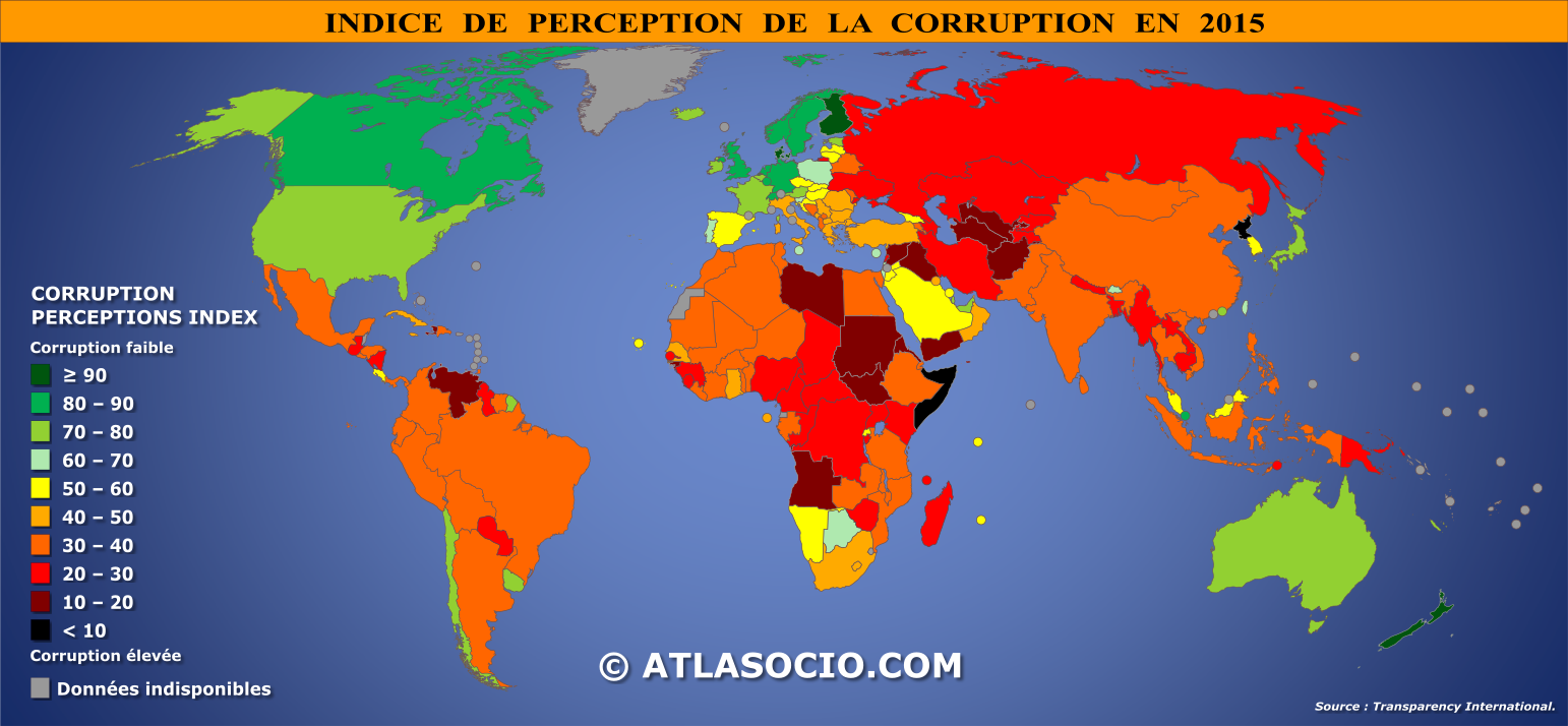 Carte du monde par indice de perception de la corruption.