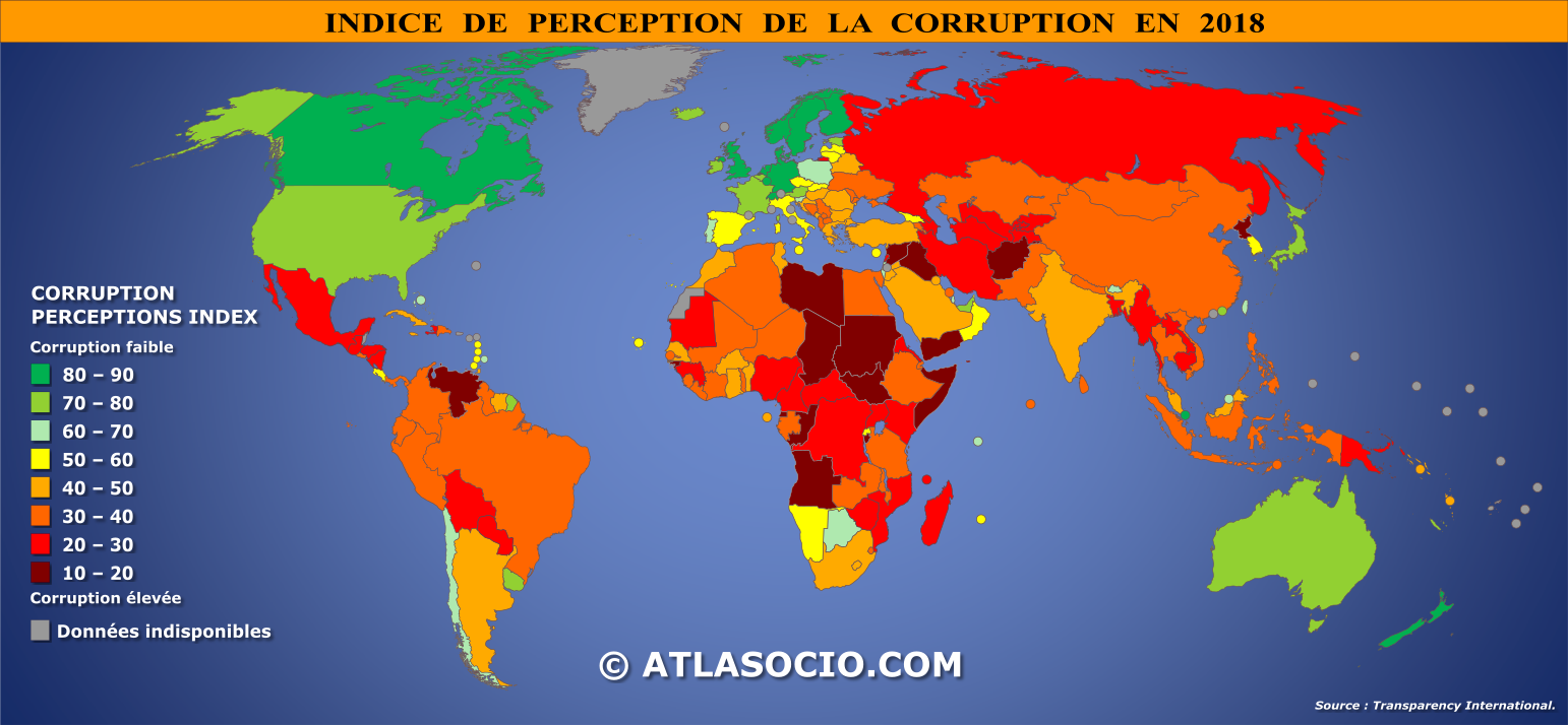 Carte du monde relative à l'indice de perception de la corruption par État en 2018