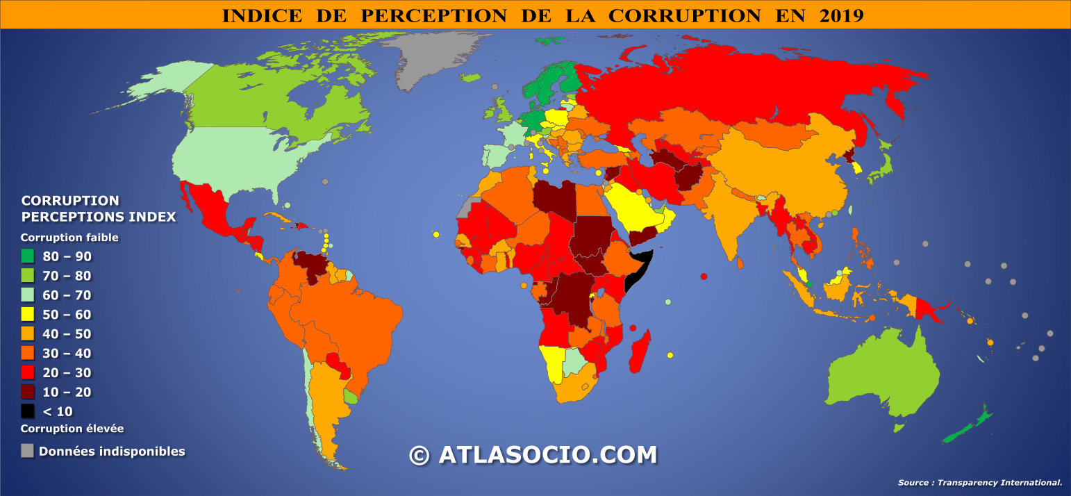 Carte du monde relative à l'indice de perception de la corruption par État en 2019
