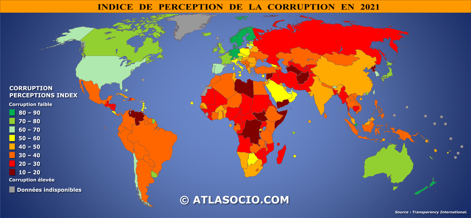 Carte du monde relative à l'indice de perception de la corruption par État en 2021