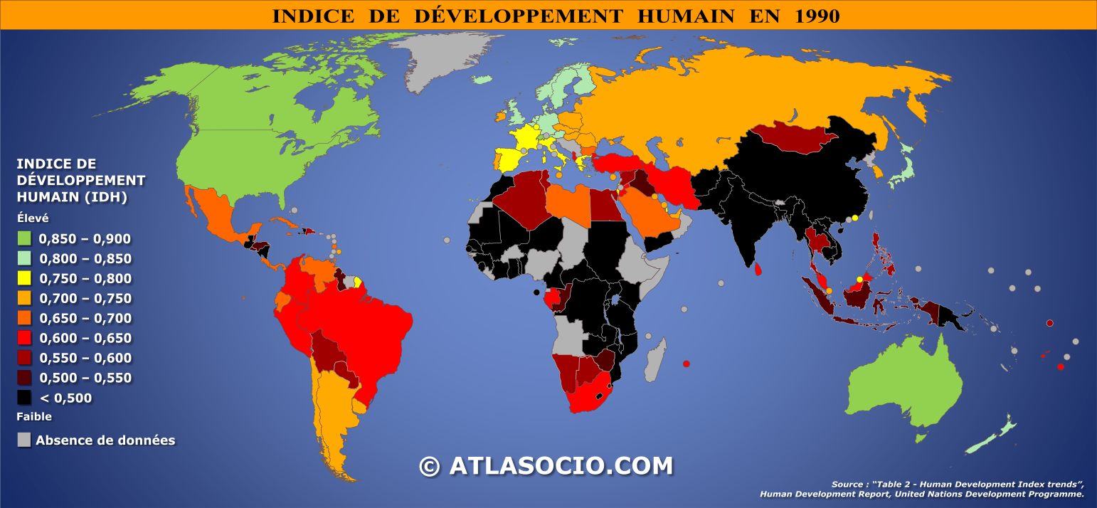Carte du monde relative à l'indice de développement humain (IDH) par État en 1990