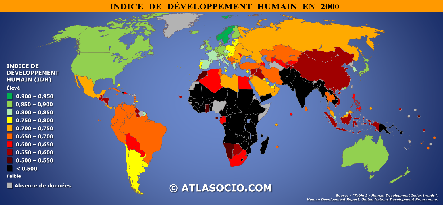 Carte du monde relative à l'indice de développement humain (IDH) par État en 2000