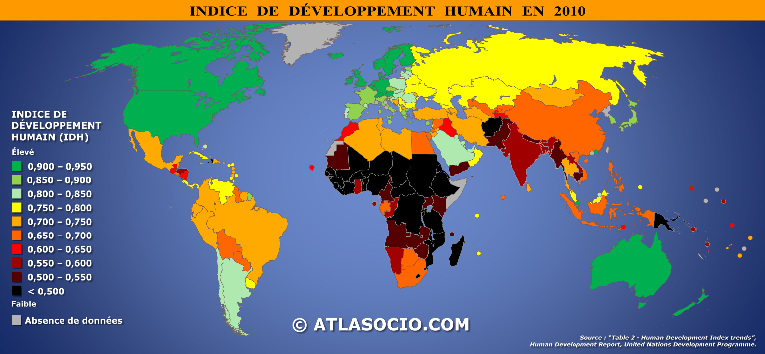 Carte du monde relative à l'indice de développement humain (IDH) par État en 2010