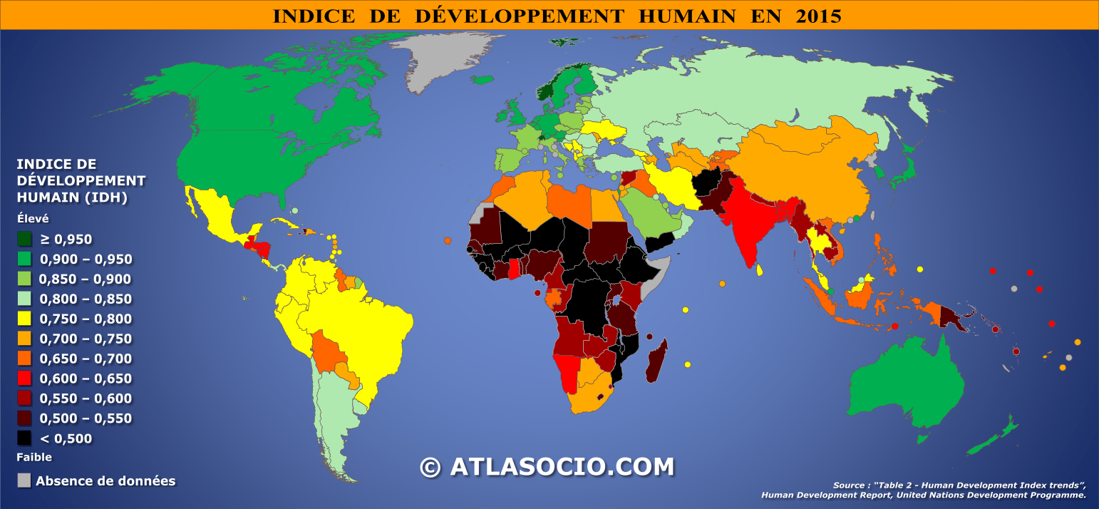 Carte du monde relative à l'indice de développement humain (IDH) par État en 2015