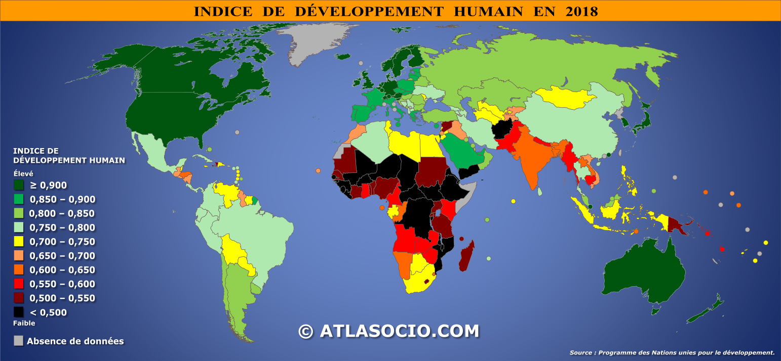 Carte du monde relative à l'indice de développement humain (IDH) par État en 2018