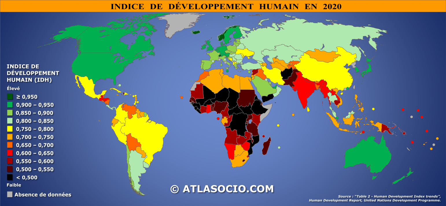 Carte du monde relative à l'indice de développement humain (IDH) par État en 2020