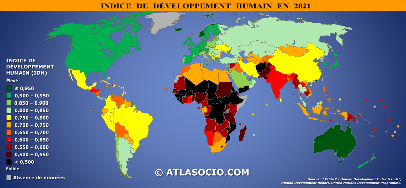 Carte du monde relative à l'indice de développement humain (IDH) par État en 2021