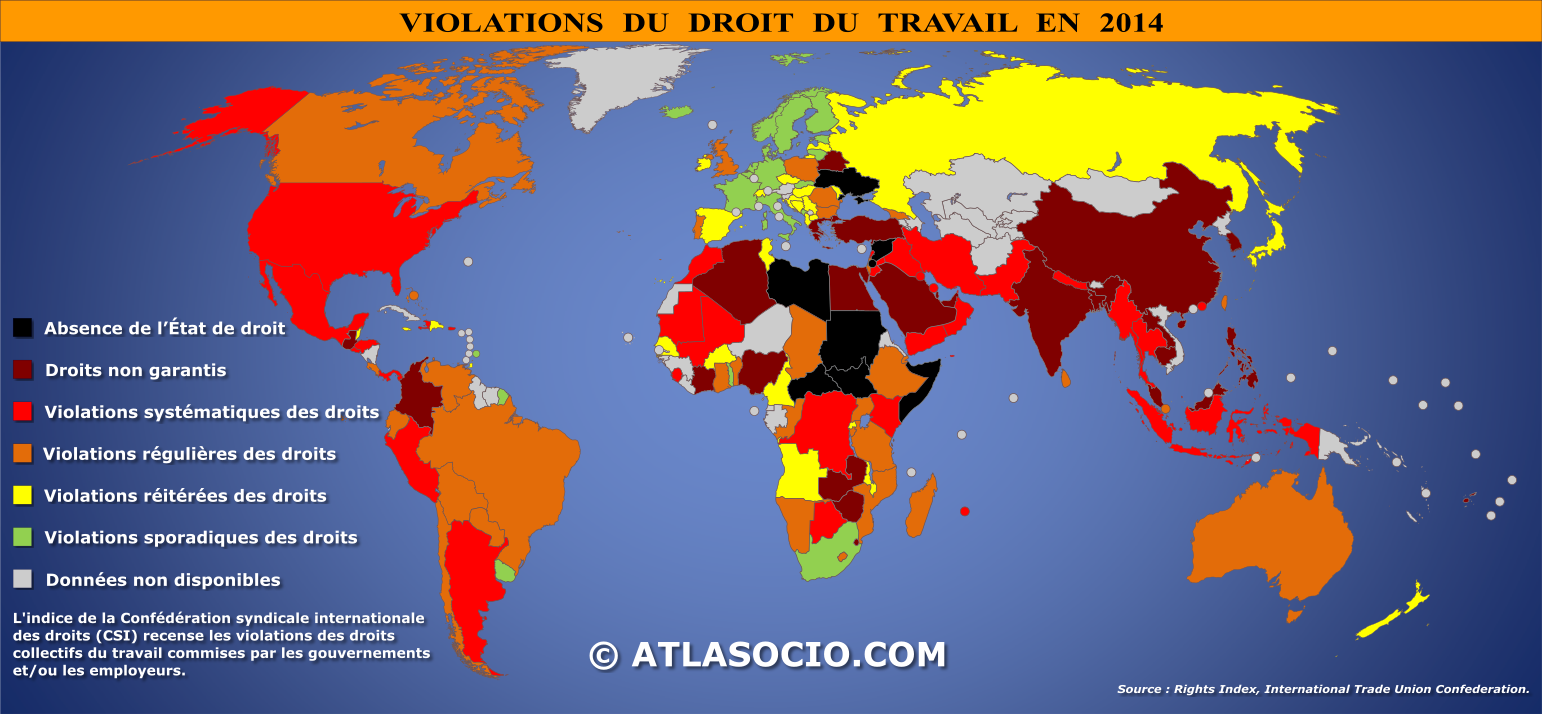 Carte du monde relative aux violations du droit du travail par État en 2014