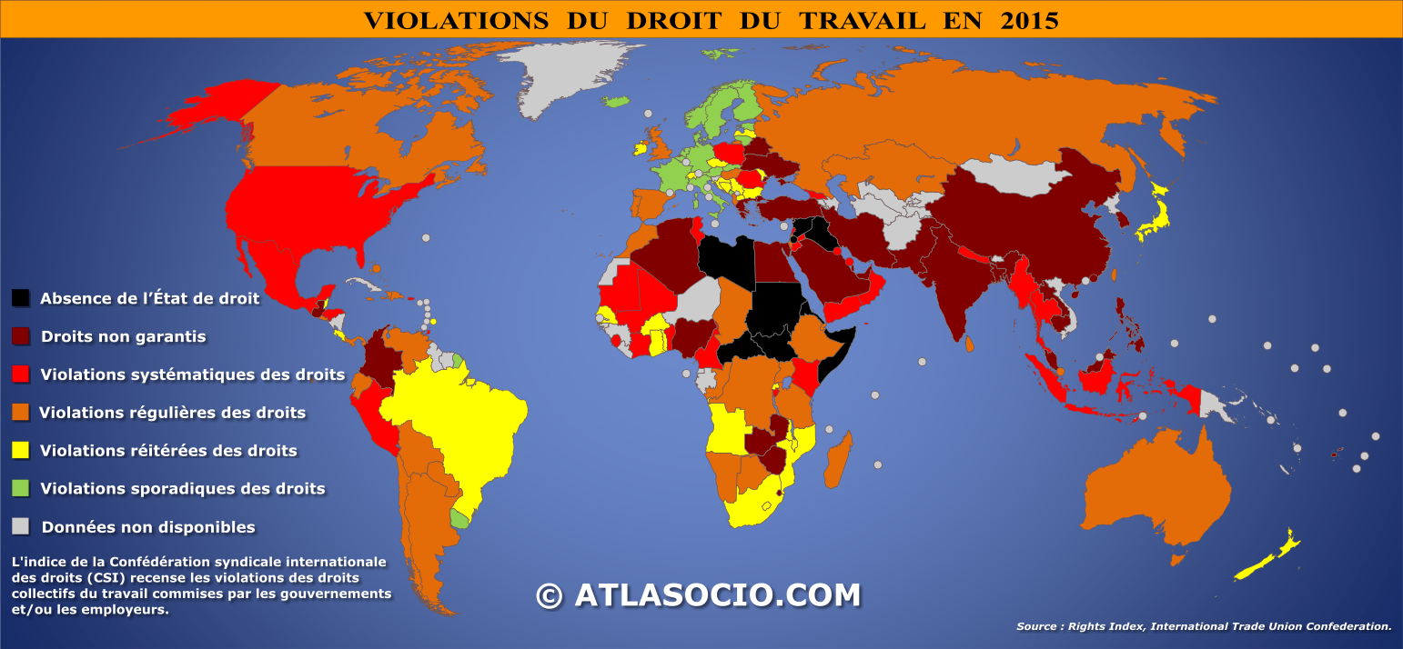 Carte du monde relative aux violations du droit du travail par État en 2015