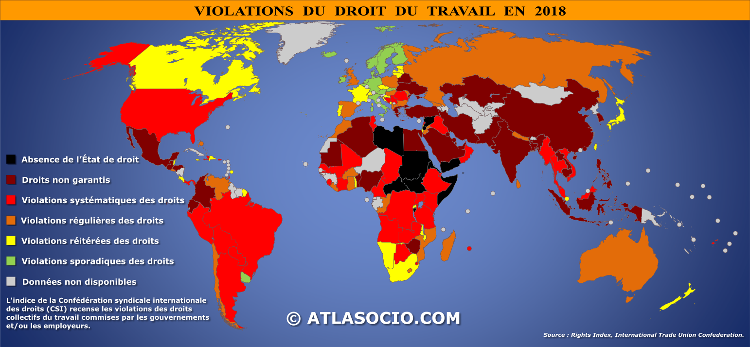 Carte du monde par violations du droit du travail (indice CSI).
