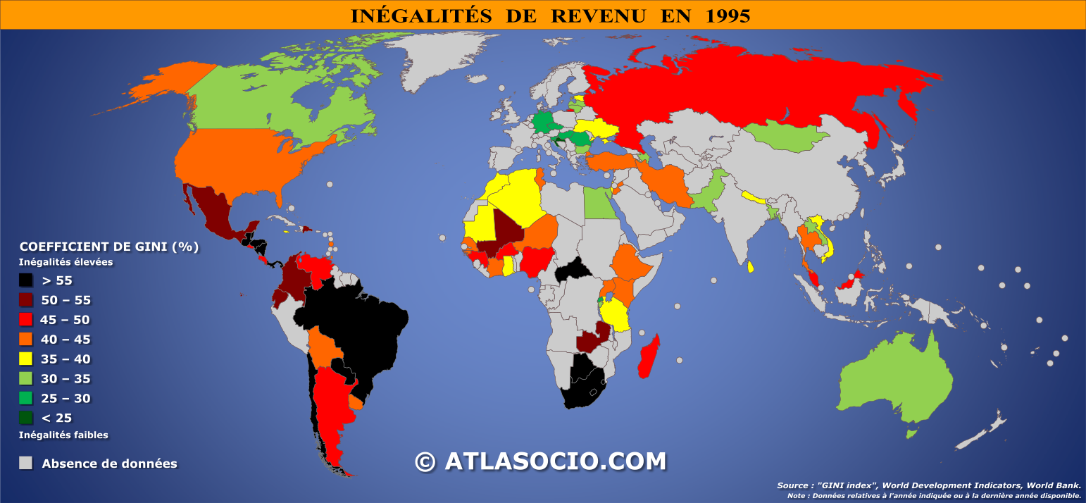 Carte du monde relative aux inégalités de revenu (coefficient de Gini) par État en 1995