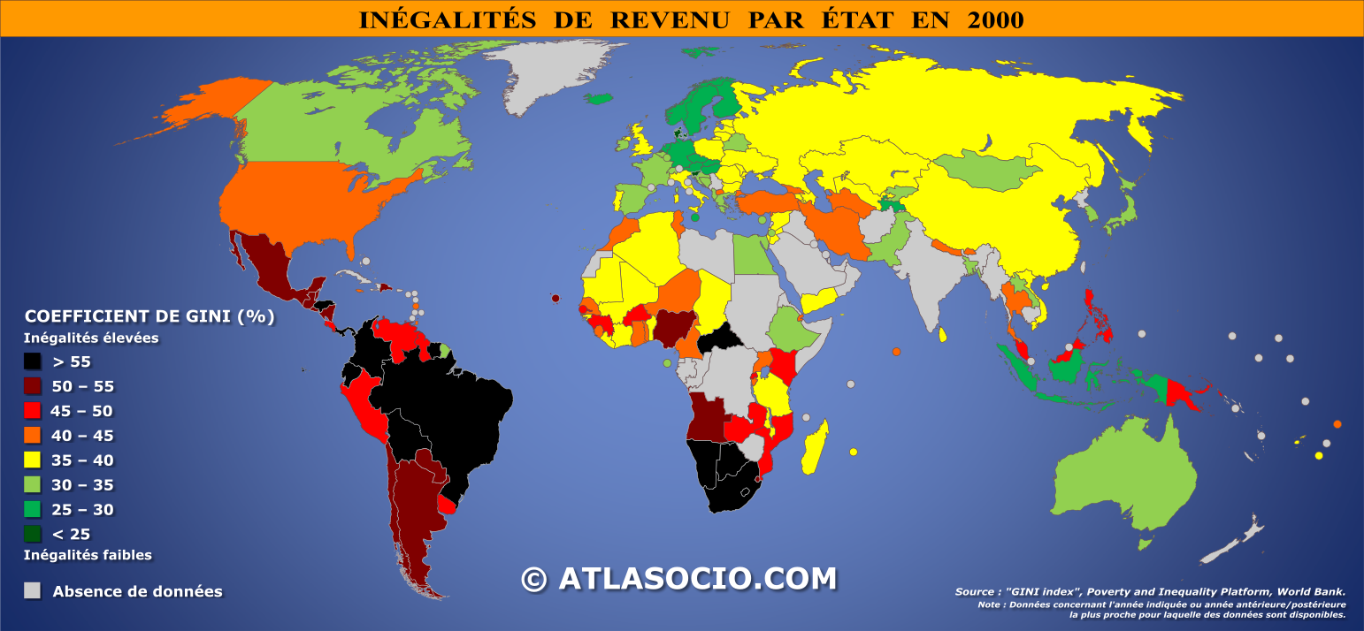 Carte du monde relative aux inégalités de revenu (coefficient de Gini) par État en 2000