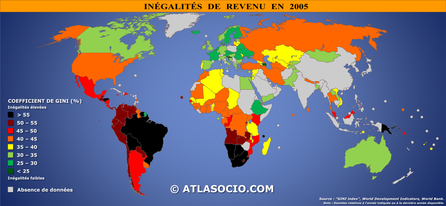 Carte du monde relative aux inégalités de revenu (coefficient de Gini) par État en 2005