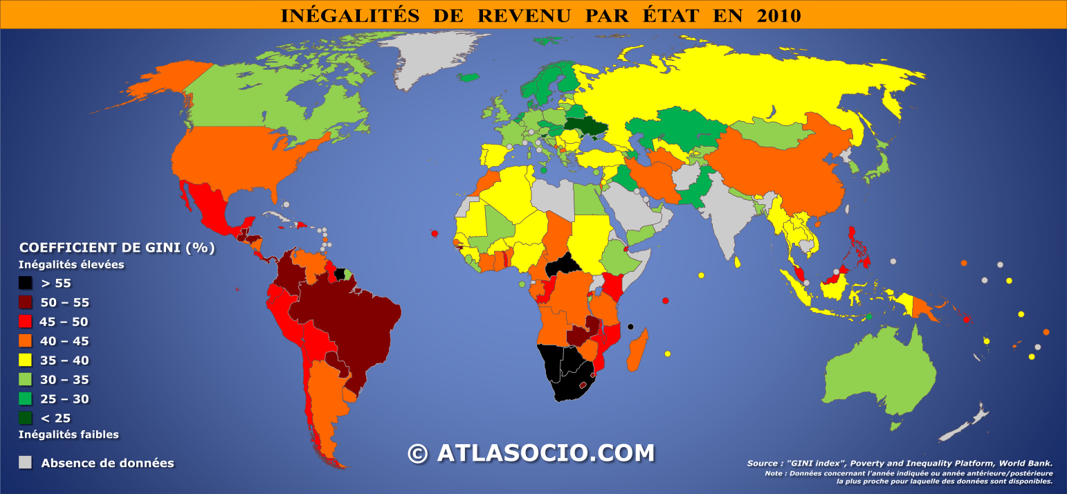 Carte du monde relative aux inégalités de revenu (coefficient de Gini) par État en 2010